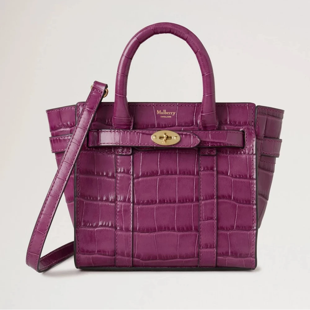 Mulberry Micro blixtlås Bayswater Orchid Bloom Shiny Small Croc, lila handväska i krokopräglat läder med guldspänne. Modell rl8691641j512
