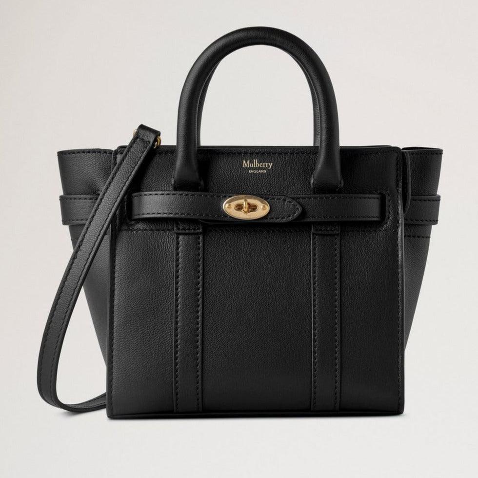 Mulberry Micro blixtlås Bayswater Liten Classic Grain Black handväska i svart läder med gyllene detaljer. Modell rl8237587a100