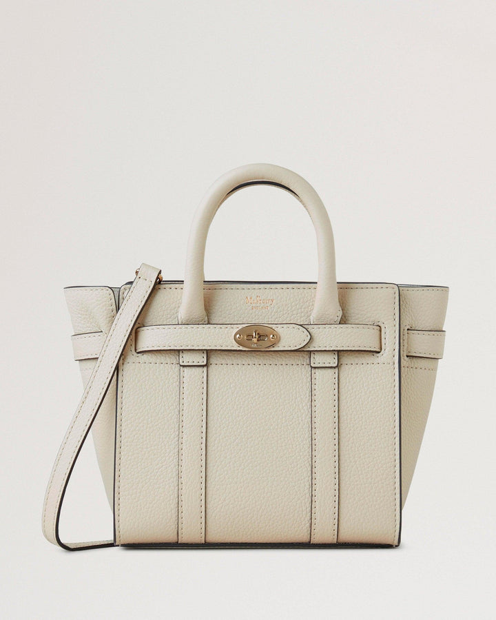 Mulberry Micro blixtlås Bayswater Liten Classic Grain Chalk, framifrån av ljus läderväska med handtag och axelrem, modell RL5476/205W160