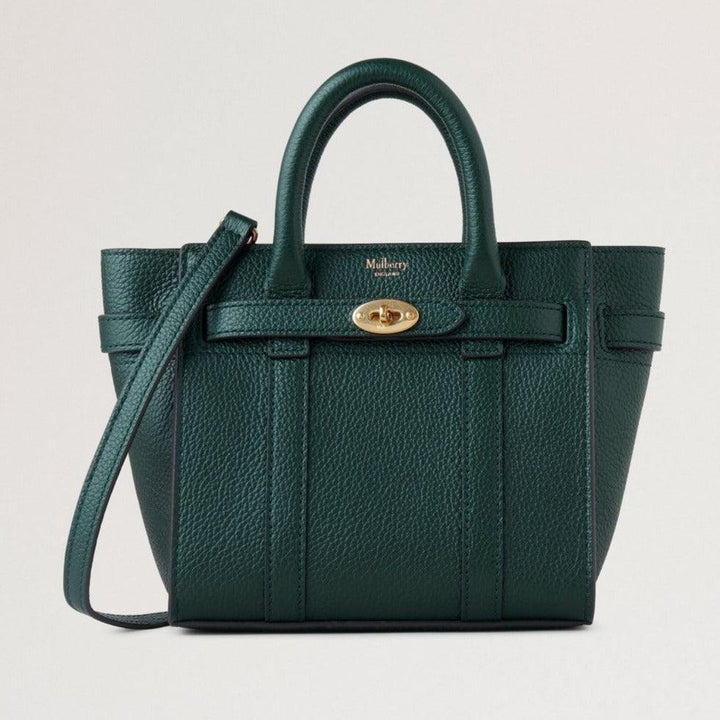 Mulberry Micro blixtlås Bayswater Litet klassiskt spannmål Mulberry Grön visar en grön läderväska med guldspänne, modell RL5476/205Q633