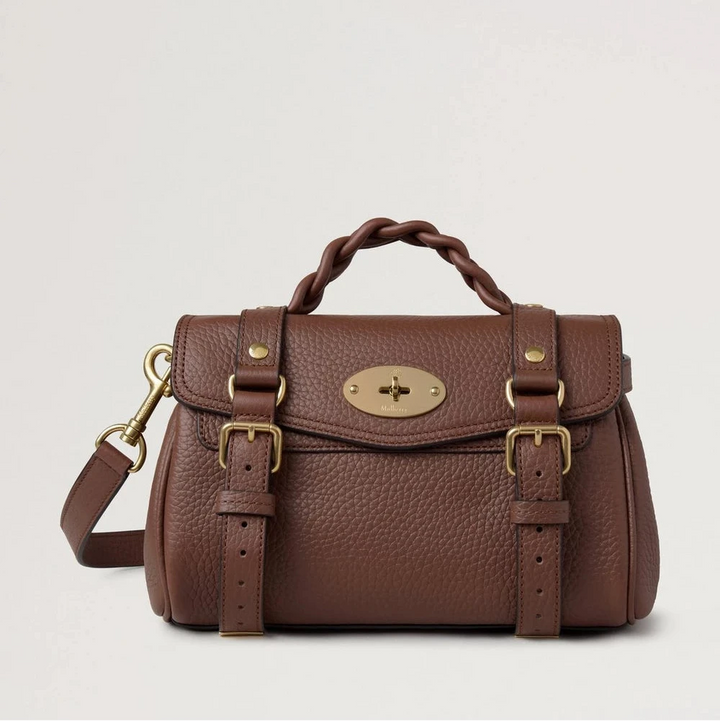 Mulberry Mini Alexa Bright Oak Heavy Grain, brun läderväska med flätat handtag och gulddetaljer. Modell rl6595736g222.