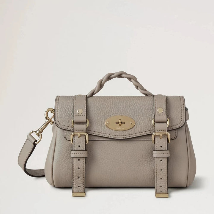 Mulberry Mini Alexa Cashmere Taupe Heavy Grain, axelväska i beige läder med flätat handtag. Modell RL6595736F924.