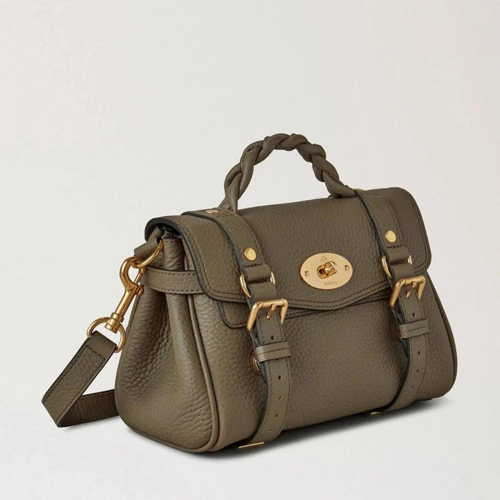 Mulberry Mini Alexa Heavy Grain Linen Grön axelväska i olivgrönt läder med flätat handtag, modell RL6595736R563.