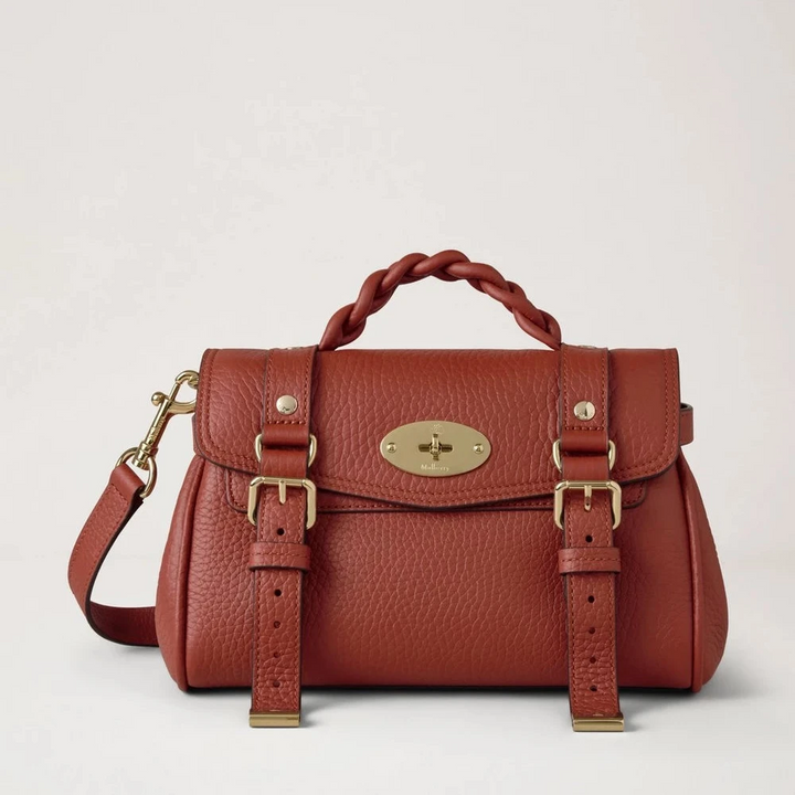 Mulberry Mini Alexa Heavy Grain Rust visar en liten crossbody-väska i rostrött läder med flätade detaljer, modell RL6595736L190.