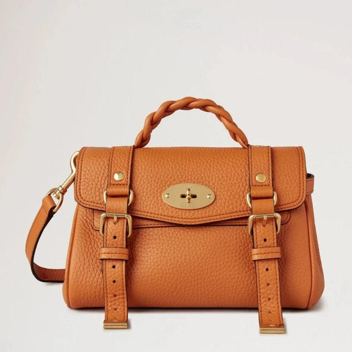 Mulberry Mini Alexa Heavy Grain Sunset, liten axelväska i mörkorange läder med flätad detalj på handtaget. Modell rl6595736n691