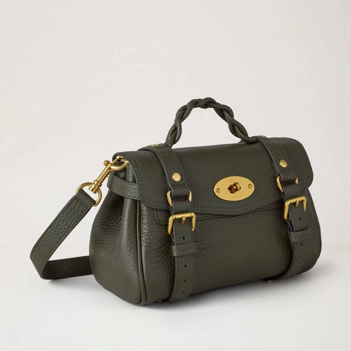 Mulberry Mini Alexa Juniper Green Heavy Grain, liten handväska i grön prägling med gyllene detaljer. Modell RL6595736Q749
