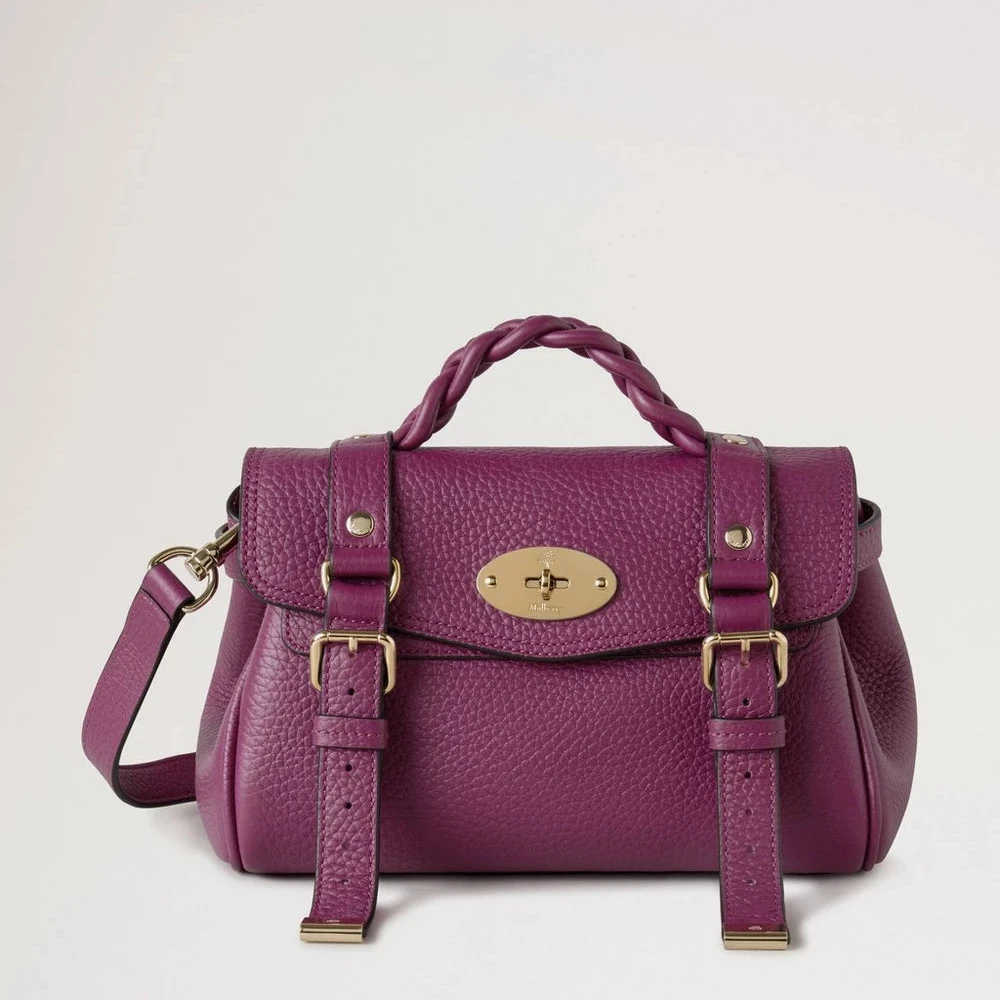 Mulberry Mini Alexa Orchid Bloom Heavy Grain, lila läderväska med flätat handtag och spännen. Modell RL6595736J512
