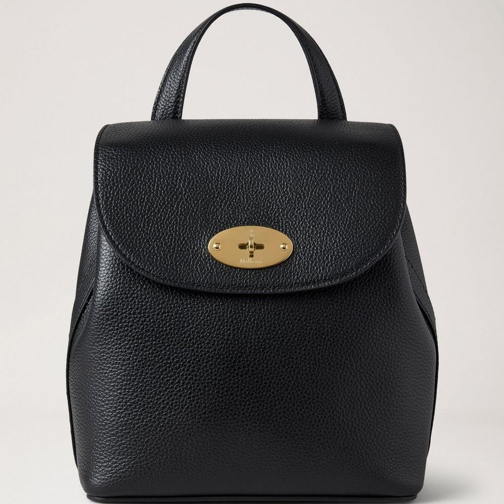 Mulberry Mini Bayswater Ryggsäck Small Classic Grain Black, svart läderryggsäck med guldspänne. Modell hh9829205a100