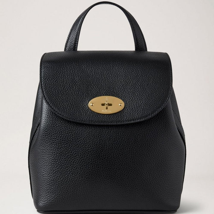 Mulberry Mini Bayswater Ryggsäck Small Classic Grain Black, svart läderryggsäck med guldspänne. Modell hh9829205a100
