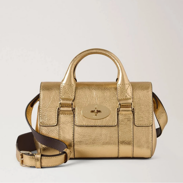 Mulberry Mini arv Bayswater Metallic Somerset Gold visar en liten axelremsväska i glänsande guld, modell RL8918757Z098.