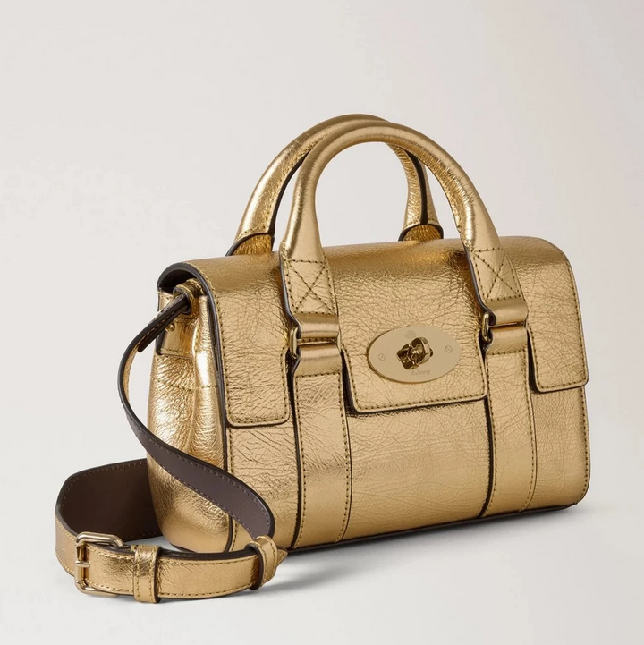 Mulberry Mini arv Bayswater Metallic Somerset Gold-handväska i gyllene läder med axelrem, modell RL8918757Z098.