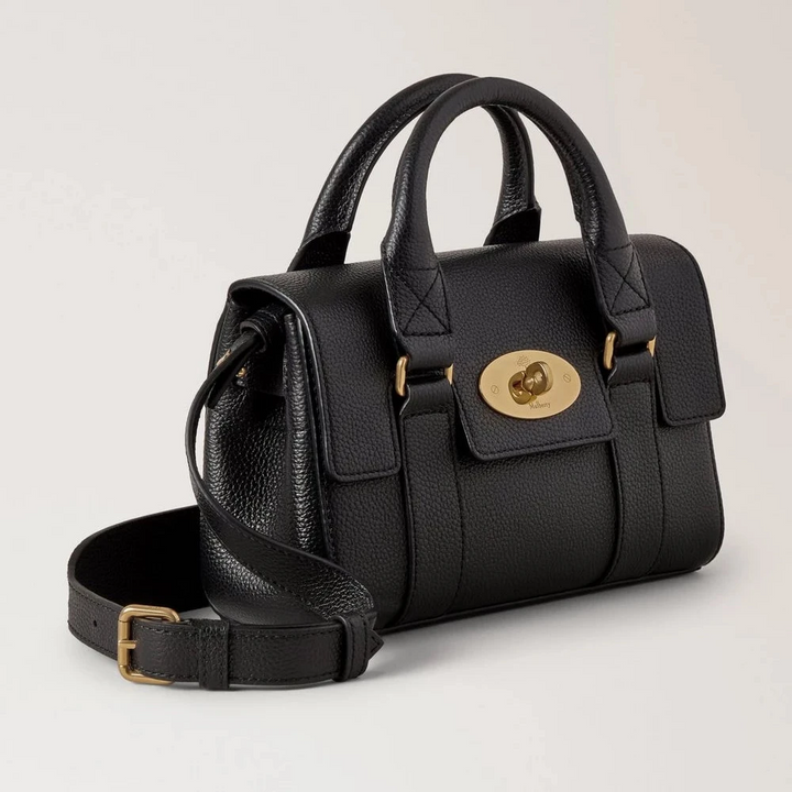 Mulberry Mini arv Bayswater Liten Classic Grain Black, svart läderväska med gyllene detaljer, modell RL8928205A100