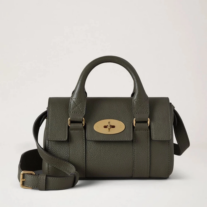 Mulberry Mini arv Bayswater Liten Classic Grain Juniper Green läderhandväska med guldspänne. Modell RL8928205Q749