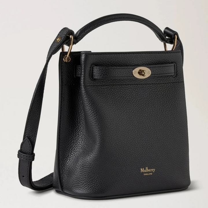 Mulberry Mini Islington Bucket Small Classic Grain Black, svart crossbody-väska i präglat läder med gulddetaljer. Modell rl8803205a100.