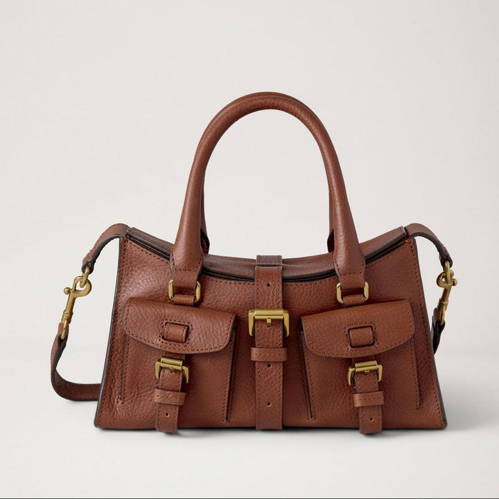 Mulberry Mini Roxanne Heritage NVT Ekhandväska i brunt läder med spännen, modell HH9889730G110