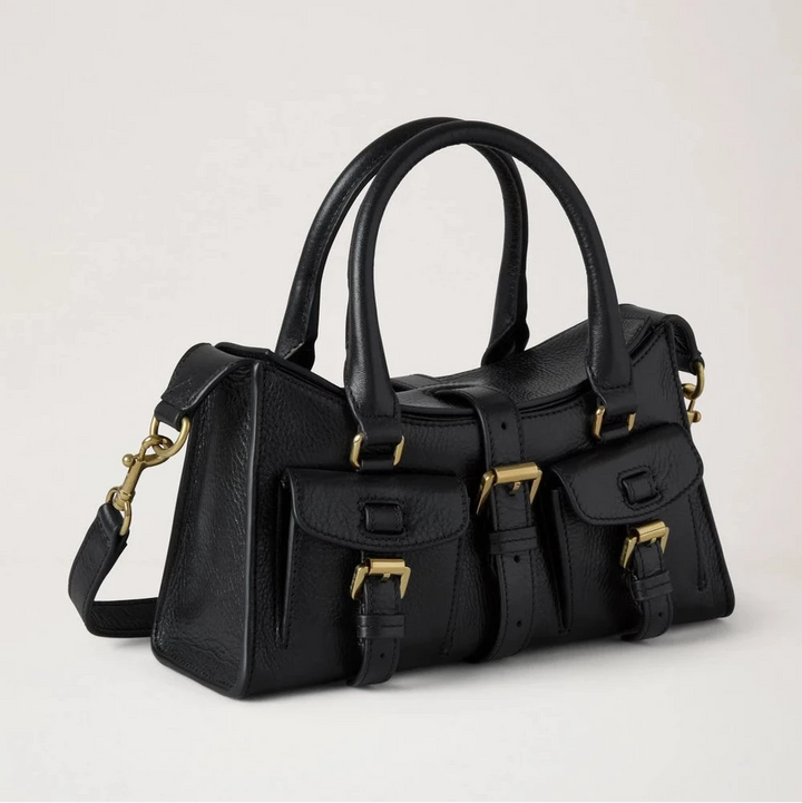 Mulberry Mini Roxanne High Shine Leather Black, axelväska i svart läder med guldfärgade spännen. Modell hh9888213a100