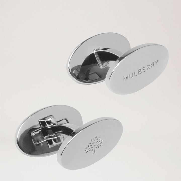 Mulberry Ovala vändbara manschettknappar, eleganta ovala manschettknappar i silverfärgad mässing. Modell qc1312160d130.