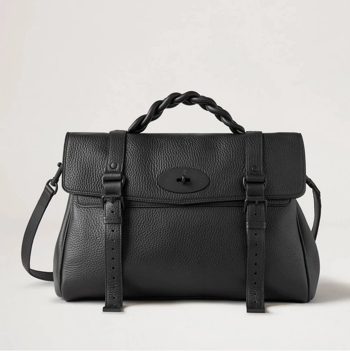 Mulberry Oversized Alexa Heavy Grain Black, klassisk axelväska i svart läder med flätat handtag. Modell hh6884736a100