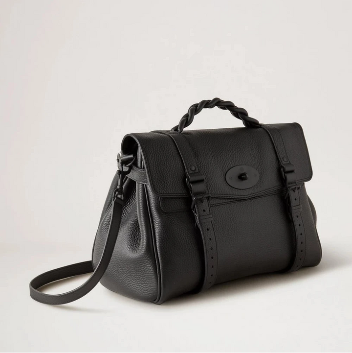 Mulberry Oversized Black Alexa Heavy Grain handväska i svart läder med flätat handtag, modell HH6884736A100.
