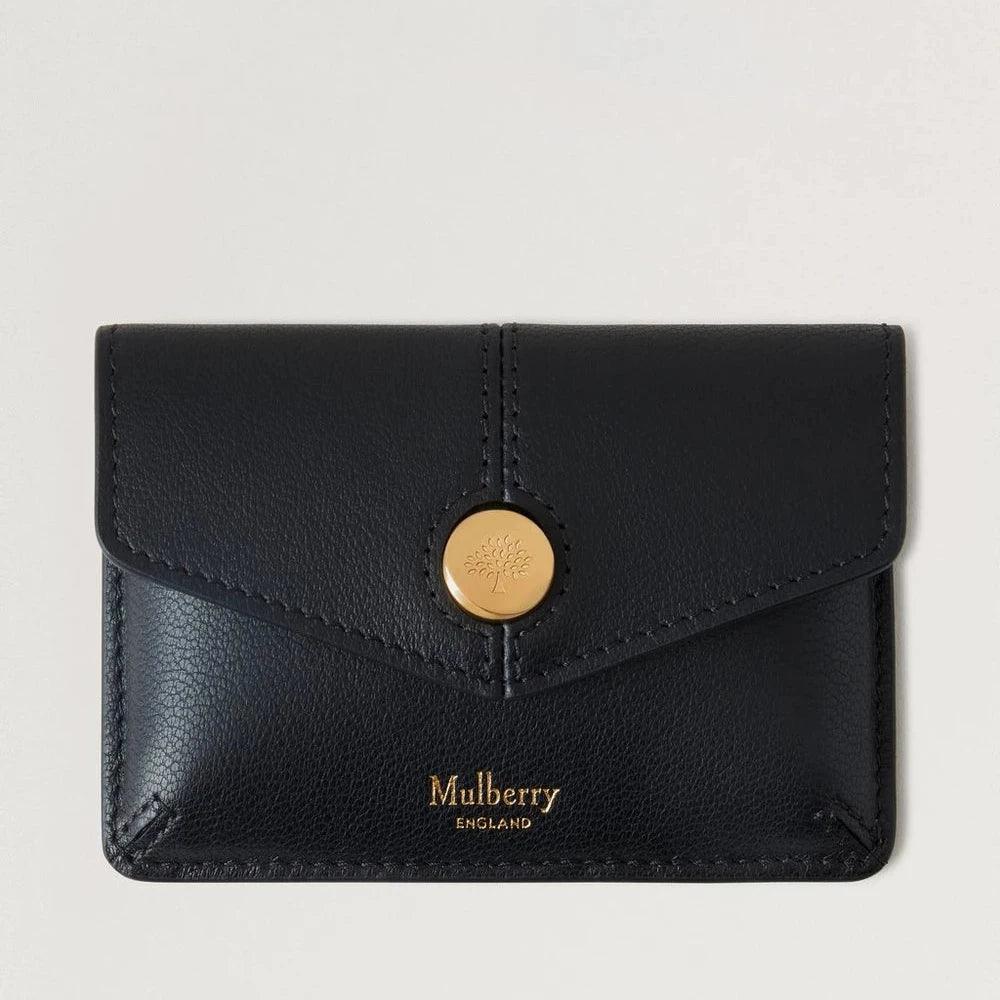 Mulberry Press Stud Coin Pouch Black Micro Classic Grain i svart läder med guldfärgad knapp, framifrån. Modell RL8709587A100