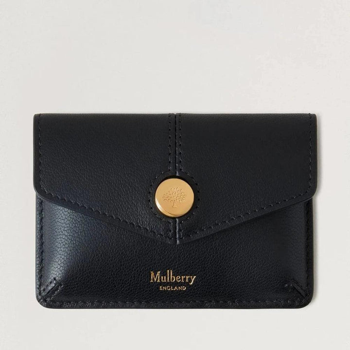 Mulberry Press Stud Coin Pouch Black Micro Classic Grain i svart läder med guldfärgad knapp, framifrån. Modell RL8709587A100