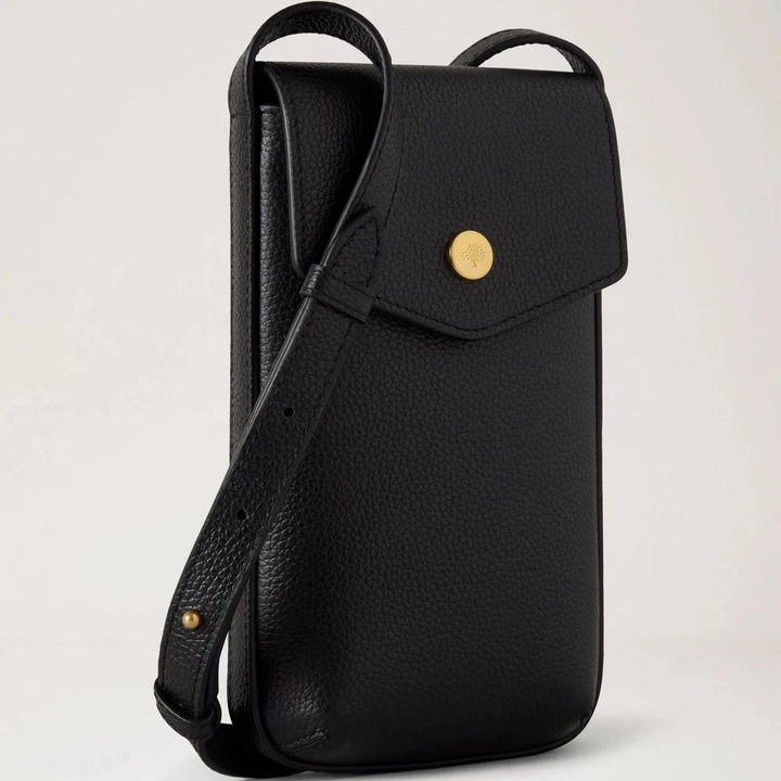 Mulberry Press Stud Phone Pouch Svart i svart läder med guldtryckknapp, elegant design. Modell RL8962205A100