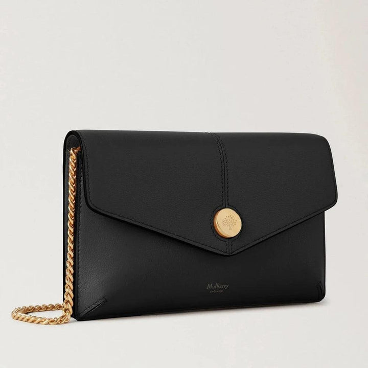 Mulberry Press Stud Pochette On Chain Black Micro Classic Grain i svart läder med guldkedja, modell RL8708587A100.