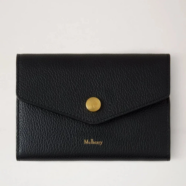 Mulberry Tryckknappsplånbok Svart Small Classic Grain med guldfärgad tryckknapp i svart läder, Modell RL8963205A100.