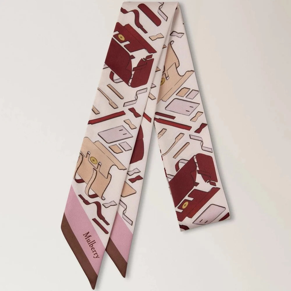 Mulberry Skinny scarf Bayswater Workshop Blossom Pink, sidenscarf i rosa med väskamotiv, modell VS4868146J002