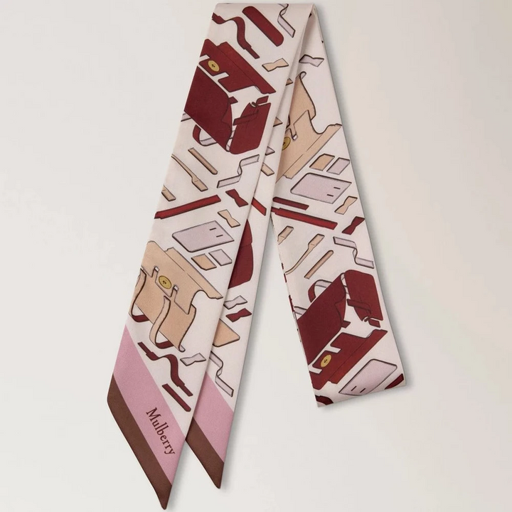 Mulberry Skinny scarf Bayswater Workshop Blossom Pink, sidenscarf i rosa med väskamotiv, modell VS4868146J002