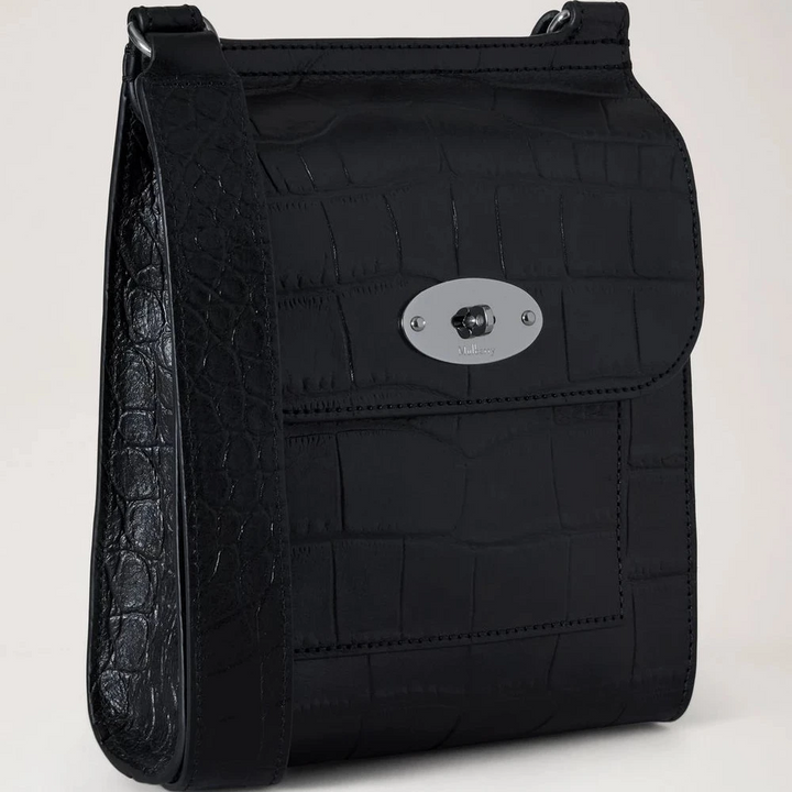 Mulberry Liten Antony NVT Croc i svart präglat läder med silverspänne, modell HH9922741A100
