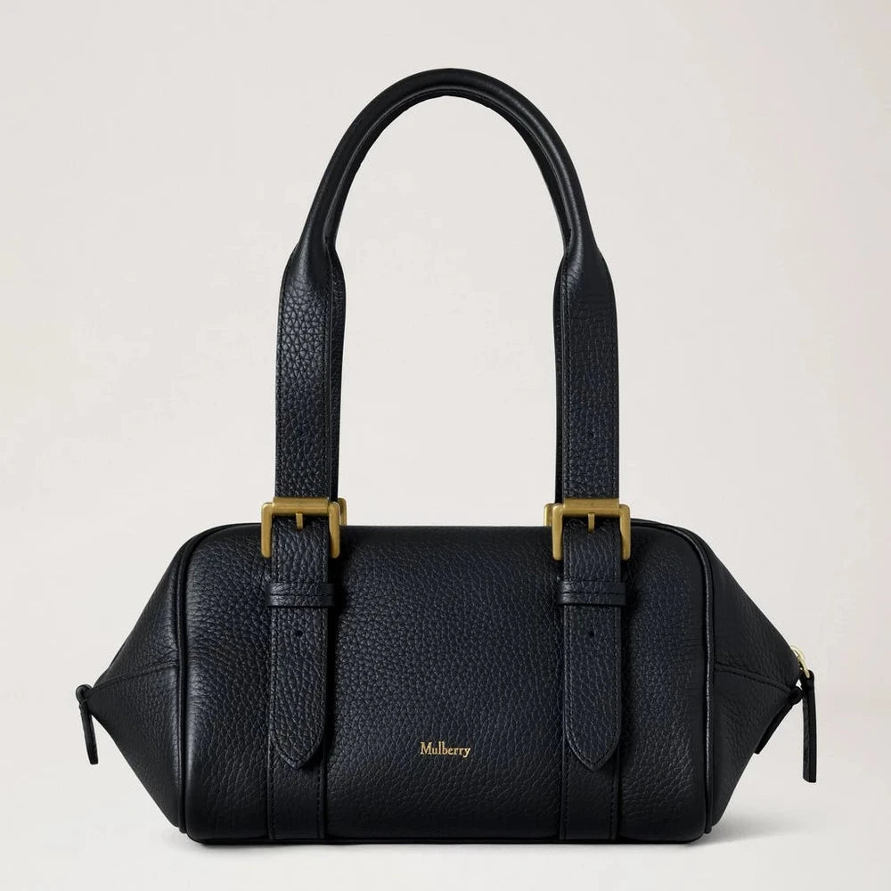 Mulberry Liten Boston Black Heavy Grain, svart tung läderhandväska med två remmar, modell HH0020736A100