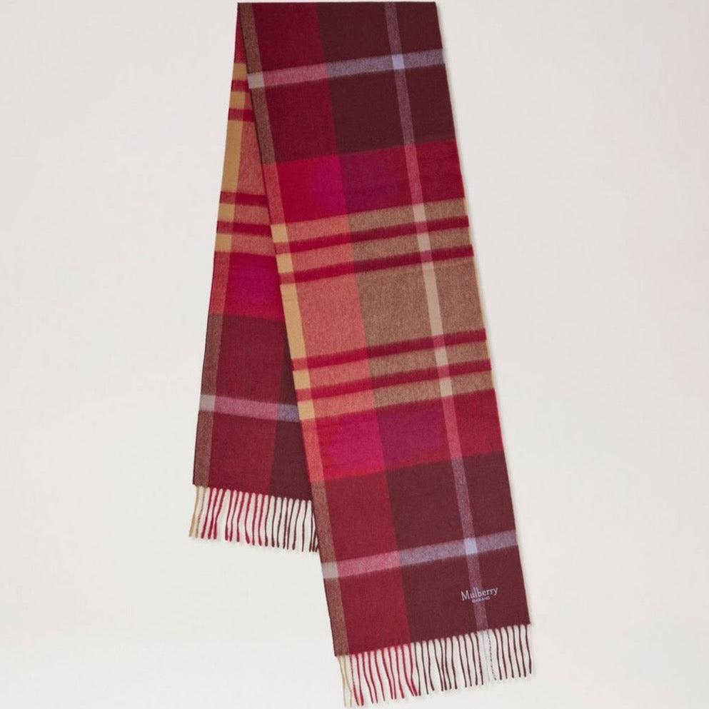 Mulberry Liten rutig merinoullscarf i svart, körsbär och mörkt guld, rutig ullscarf, modell VS4319890K561