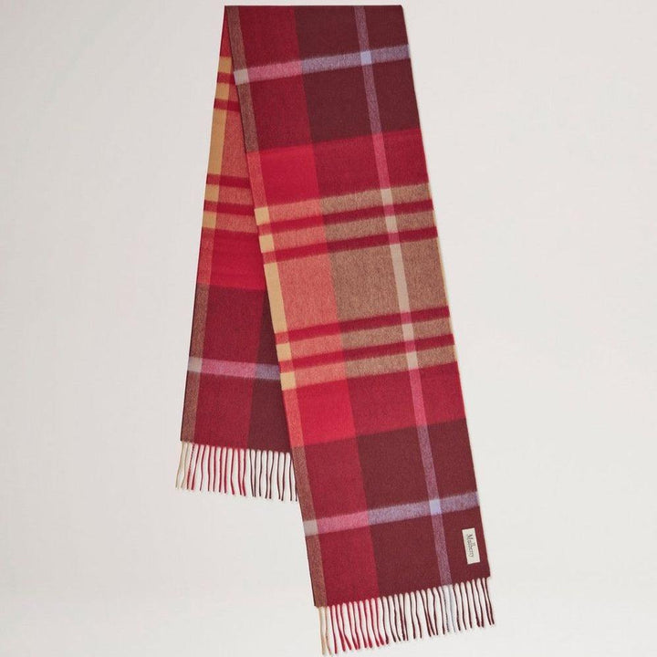 Mulberry Liten rutig merinoullscarf, svart körsbär och mörkguld rutig halsduk med fransar. Modell VS4319890K561