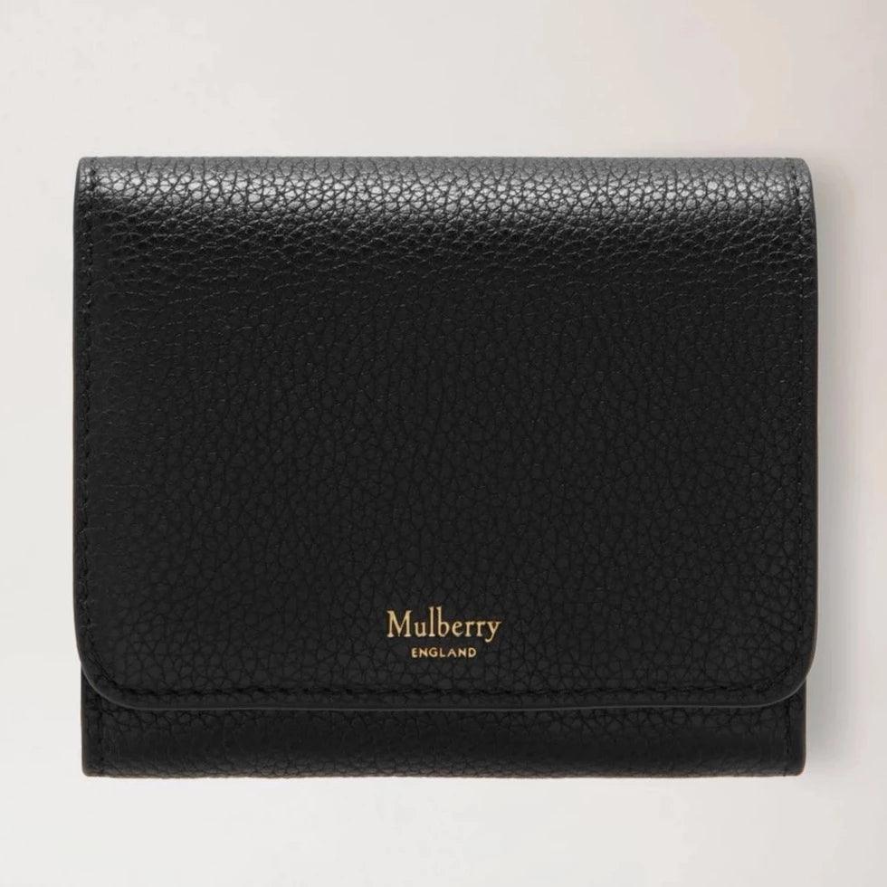 Mulberry Liten kontinental fransk plånbok i svart texturerat läder, enkel framsida. Modell RL5075205A100