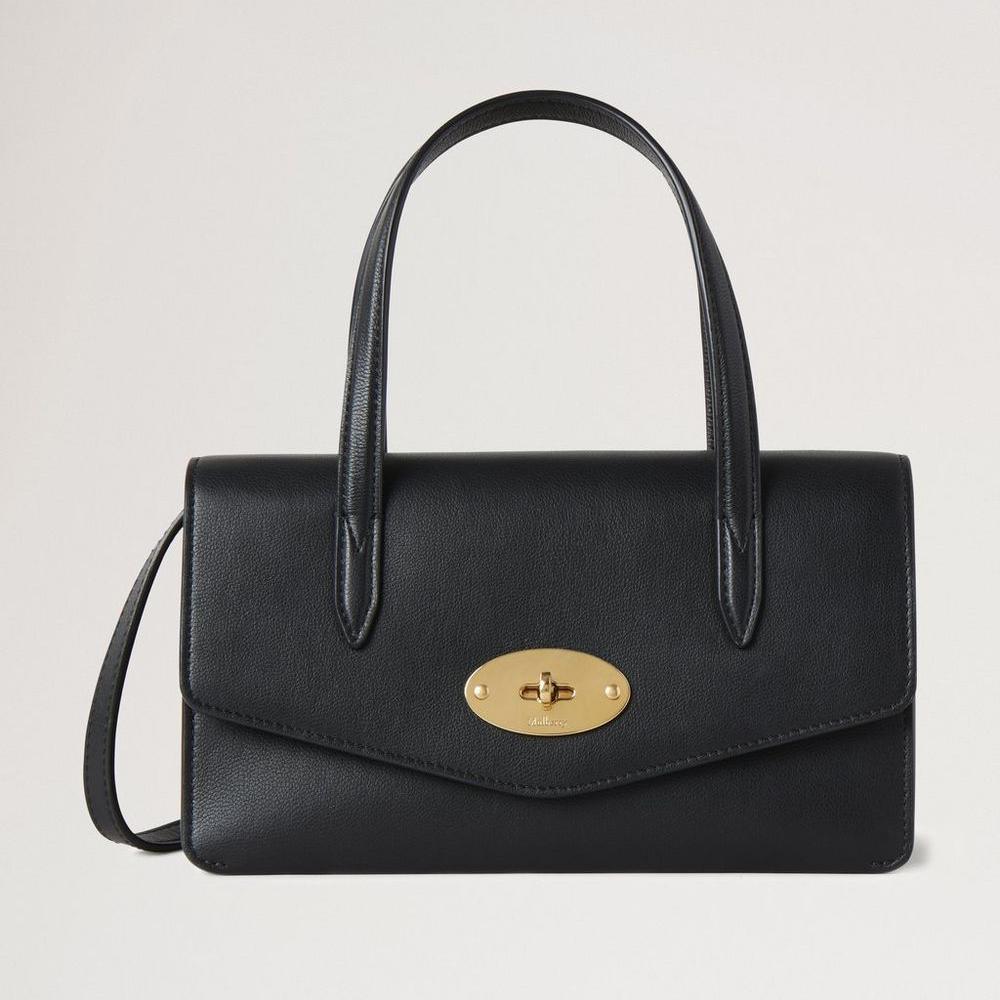 Mulberry Liten Darley Top Handle Black Micro Classic Grain, elegant svart läderväska med gyllene spänne. Modell RL8678587A100