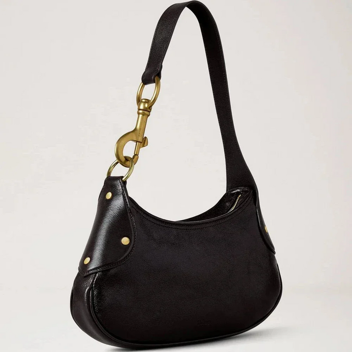 Mulberry Liten Hackney Shoulder Bag, elegant axelväska i mörkbrunt, glänsande läder med mässingsdetaljer. Modell RL8929726A110