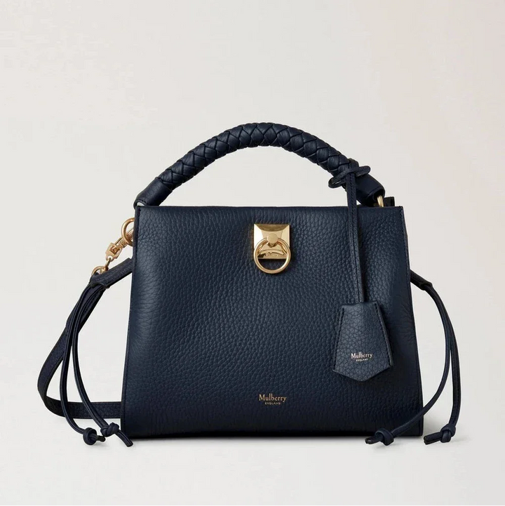 Mulberry Liten Iris Night Sky Heavy Grain and Silky Calf handväska i mörkblått läder med gulddetaljer, modell hh6267000u888-1.