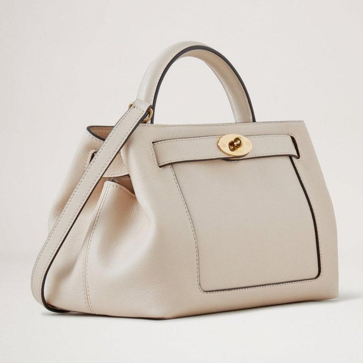 Mulberry Liten Islington Silky Calf Chalk handväska i ljust läder med guldspänne, modell hh9091657w160