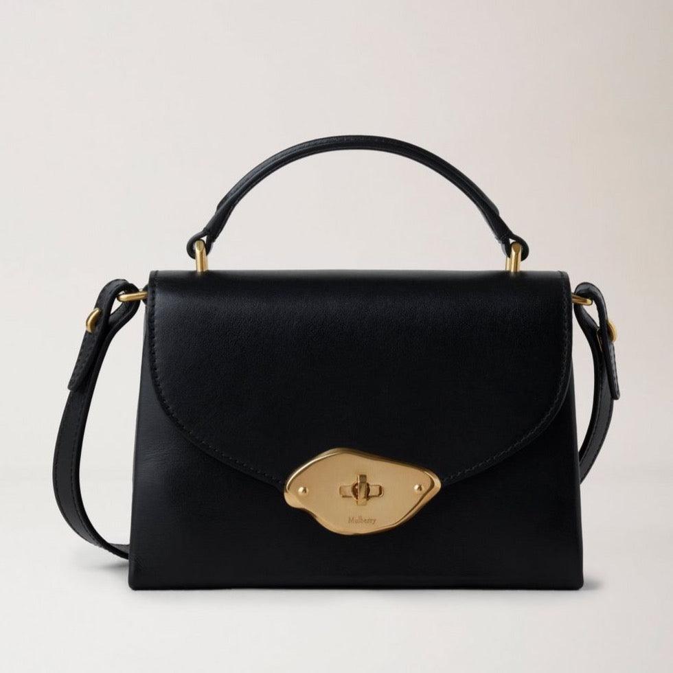 Mulberry Liten Lana Top Handle svart högblank läderväska med guldfärgat spänne, modell hh9268615a100.