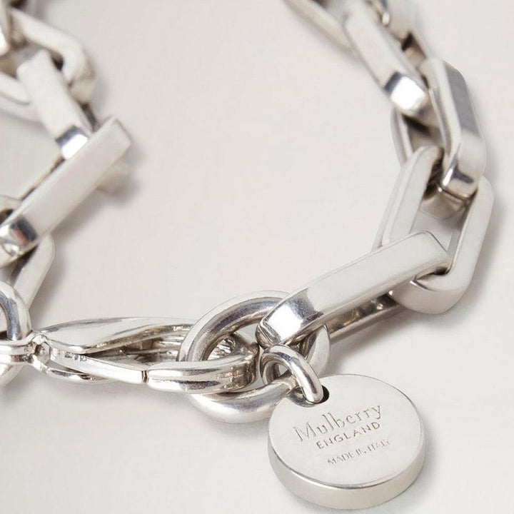 Mulberry Softie armband silverpläterad mässing med tjock kedja och runt hänge, modell QB2398000D130