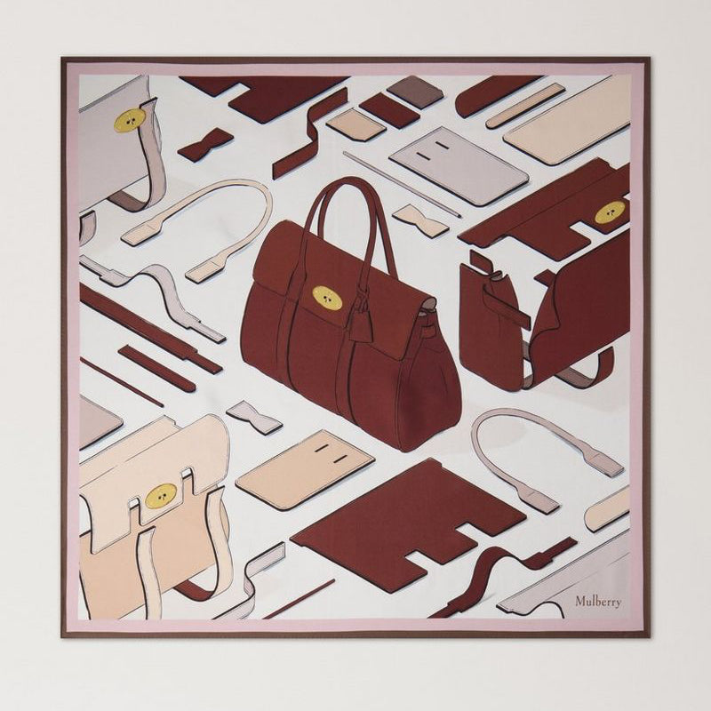 Mulberry Fyrkantig halsduk Bayswater Workshop Blossom Pink Silk Twill Show Scarf med rosa och brun väska grafik. Modell VS4864143J002