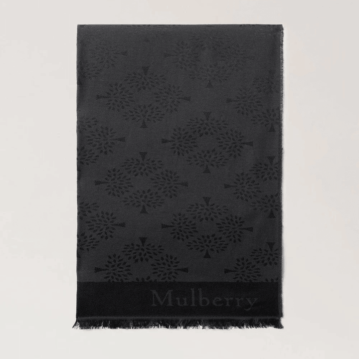 Mulberry Tree rektangulär halsduk svart bomull-silkeblandning med vävd logotyp och trädmönster, modell VS4638708A100
