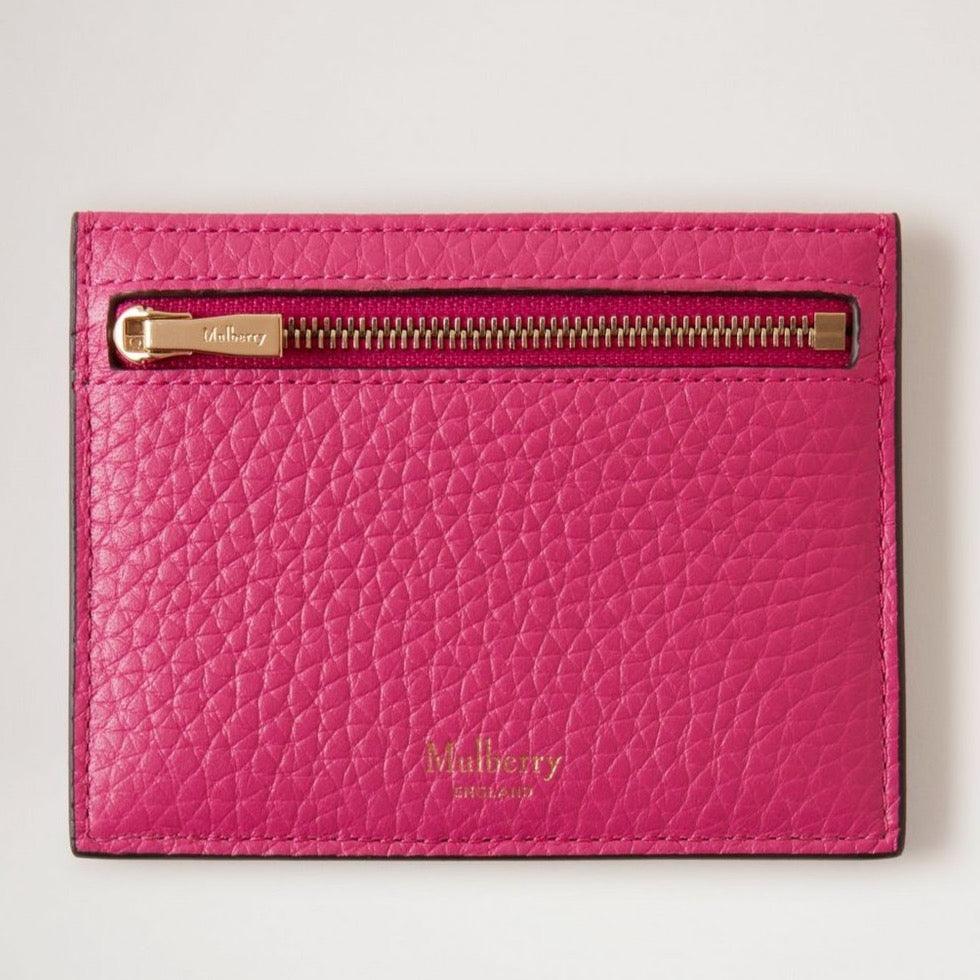 Mulberry Blixtlåst kreditkort i rosa läder med gyllene dragkedja, framifrån. Modell RL6765736J191