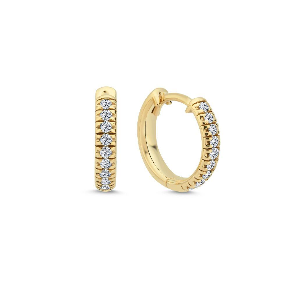 Nuran 14kt Champagne Creoles 0.18ct W/SI är synliga som små runda guldörhängen med gnistrande stenar, modell o3088-018-rg.