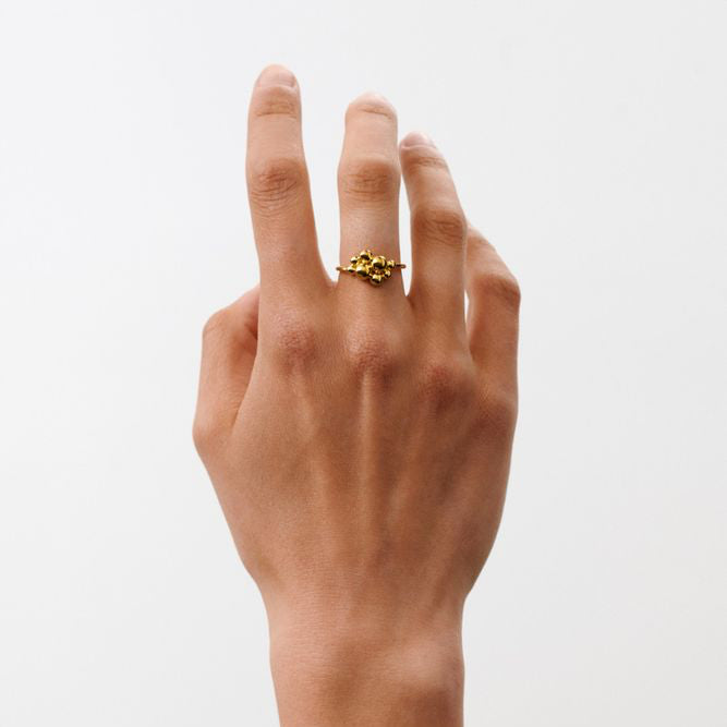 Pernille Corydon Pebble Ring i guldpläterat silver uppsatt på en hand mot vit bakgrund. Modell R-460-GP-001.