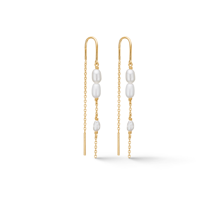 Studio Z Perma Örhängen i guldpläterat silver med vita sötvattenspärlor på långa tunna kedjor. Modell 7203935-1