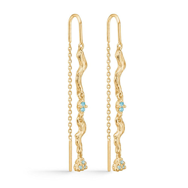Studio Z Tangled Chain örhängen med kedja i guld och blå zirconia, organisk form. Modell 7207847-1