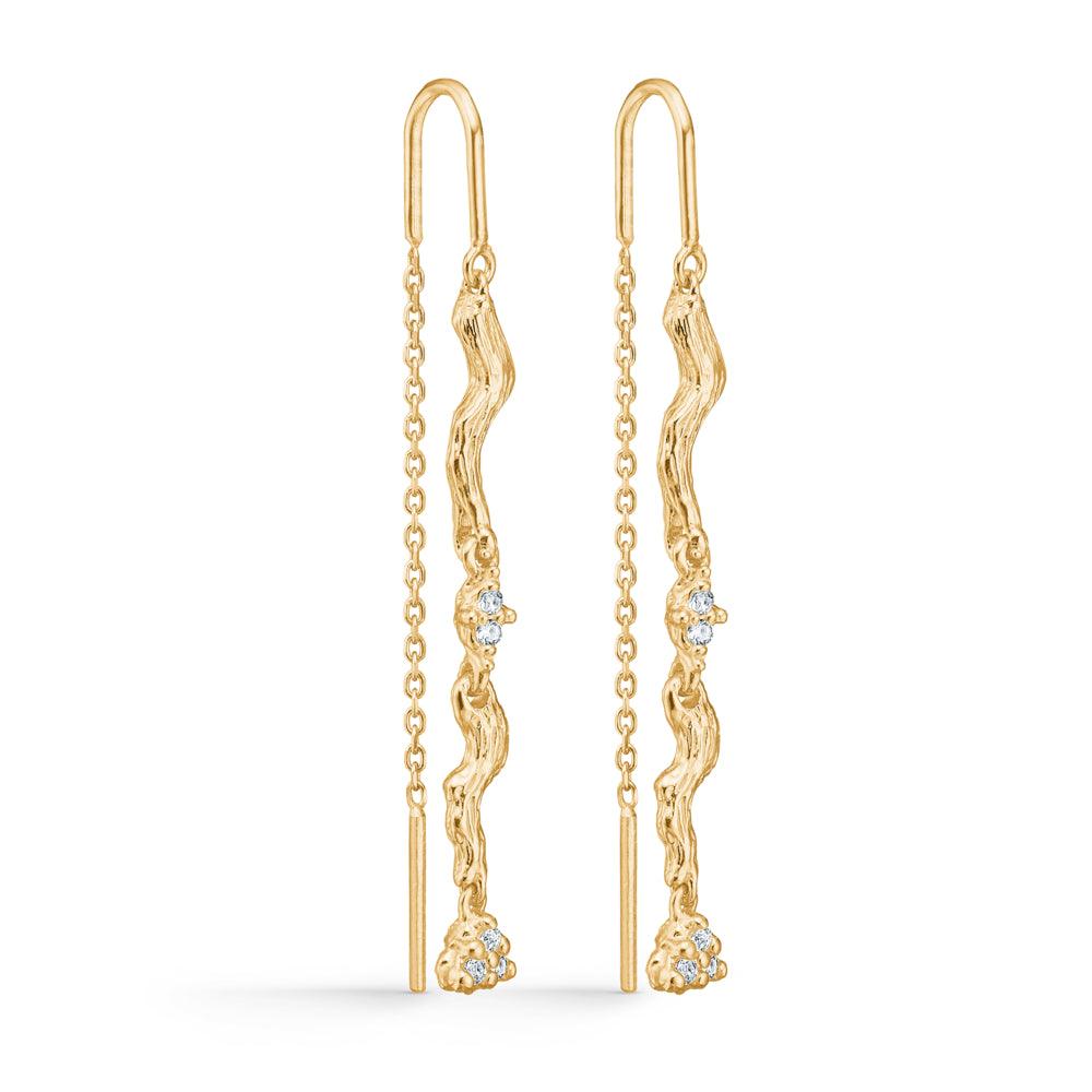 Studio Z Tangled Chain Örhängen med Zirconia visar långa, gyllene trådar med klara stenar, modell 7207849-1.