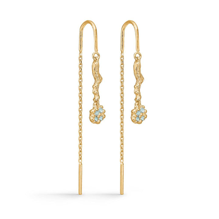 studio-z-trassliga-örhängen-med-blå-zirconia visar ett par guldpläterade kedjeörhängen med blå zirconia, modell 7207846-1